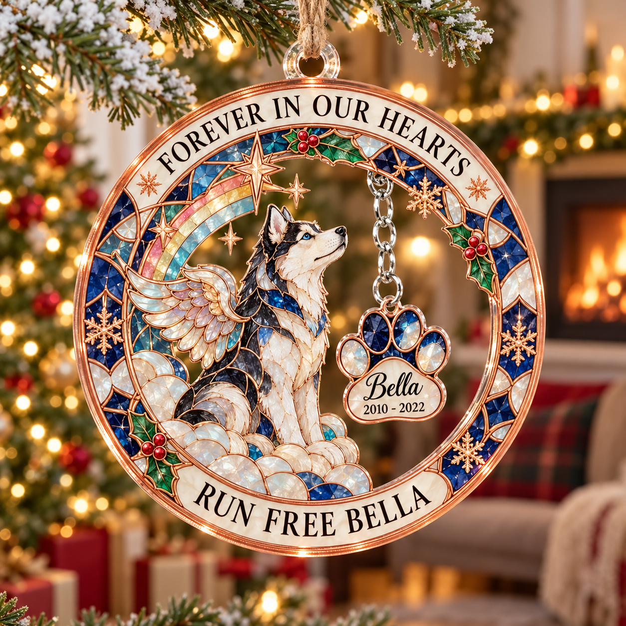 Stained-glass acrylic Christmas ornament with "RUN FREE BELLA" and personalised name charms