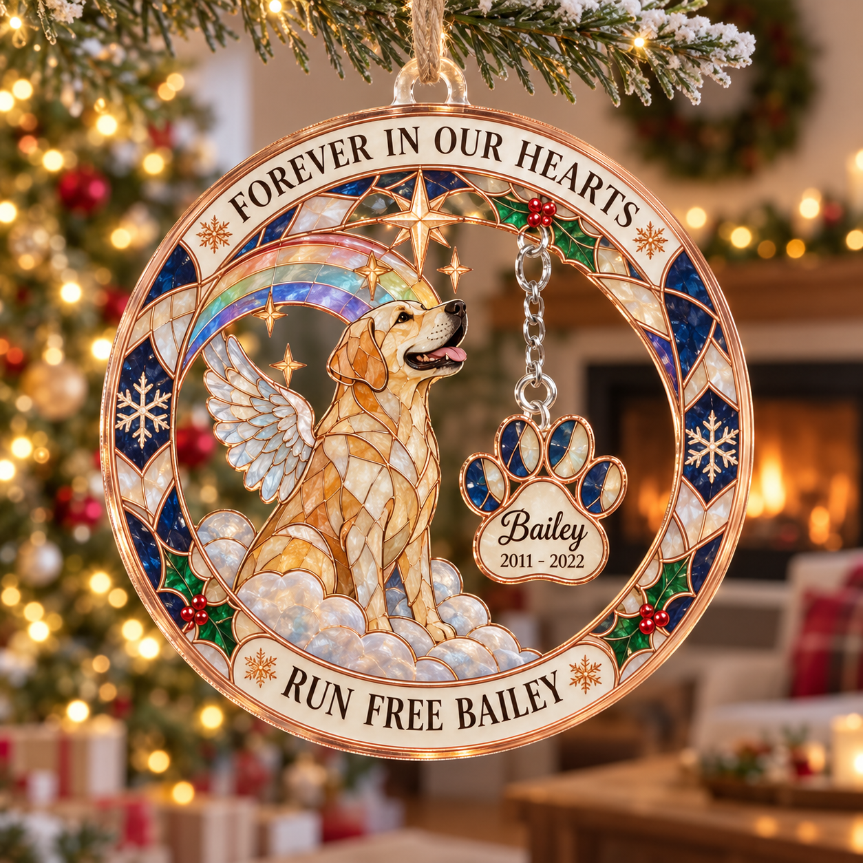Stained-glass acrylic Christmas ornament with "RUN FREE BAILEY" and personalised name charms