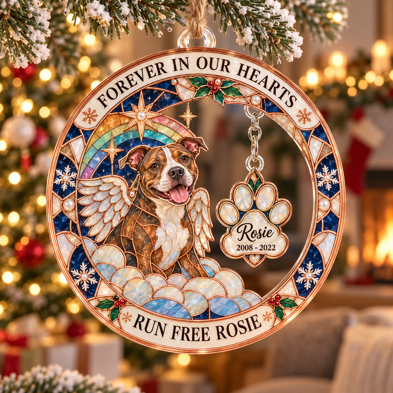 Stained-glass acrylic Christmas ornament with "RUN FREE ROSIE" and personalised name charms