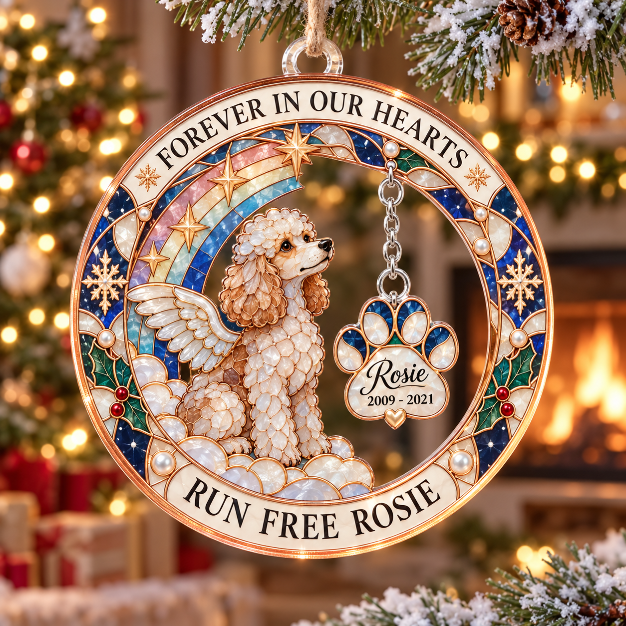 Stained-glass acrylic Christmas ornament with "RUN FREE ROSIE" and personalised name charms