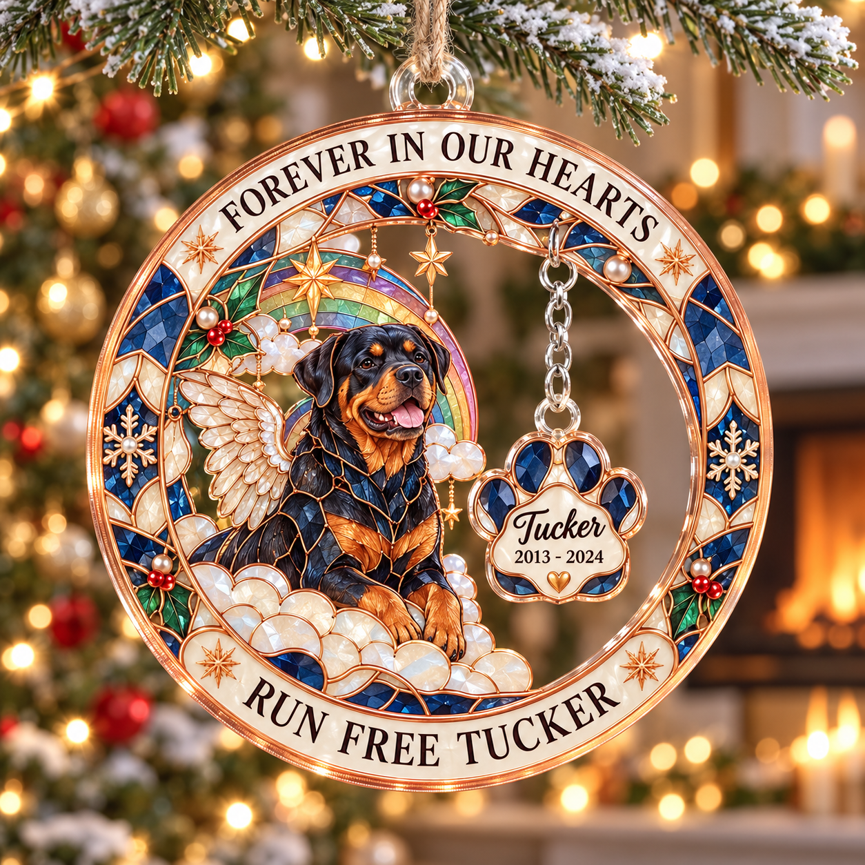 Stained-glass acrylic Christmas ornament with "RUN FREE TUCKER" and personalised name charms