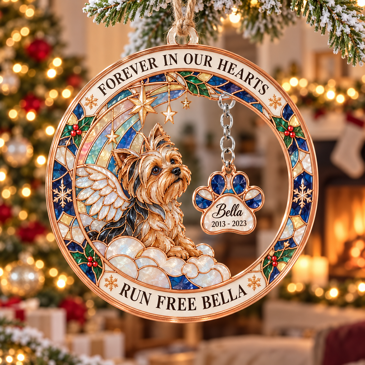 Stained-glass acrylic Christmas ornament with "RUN FREE BELLA" and personalised name charms