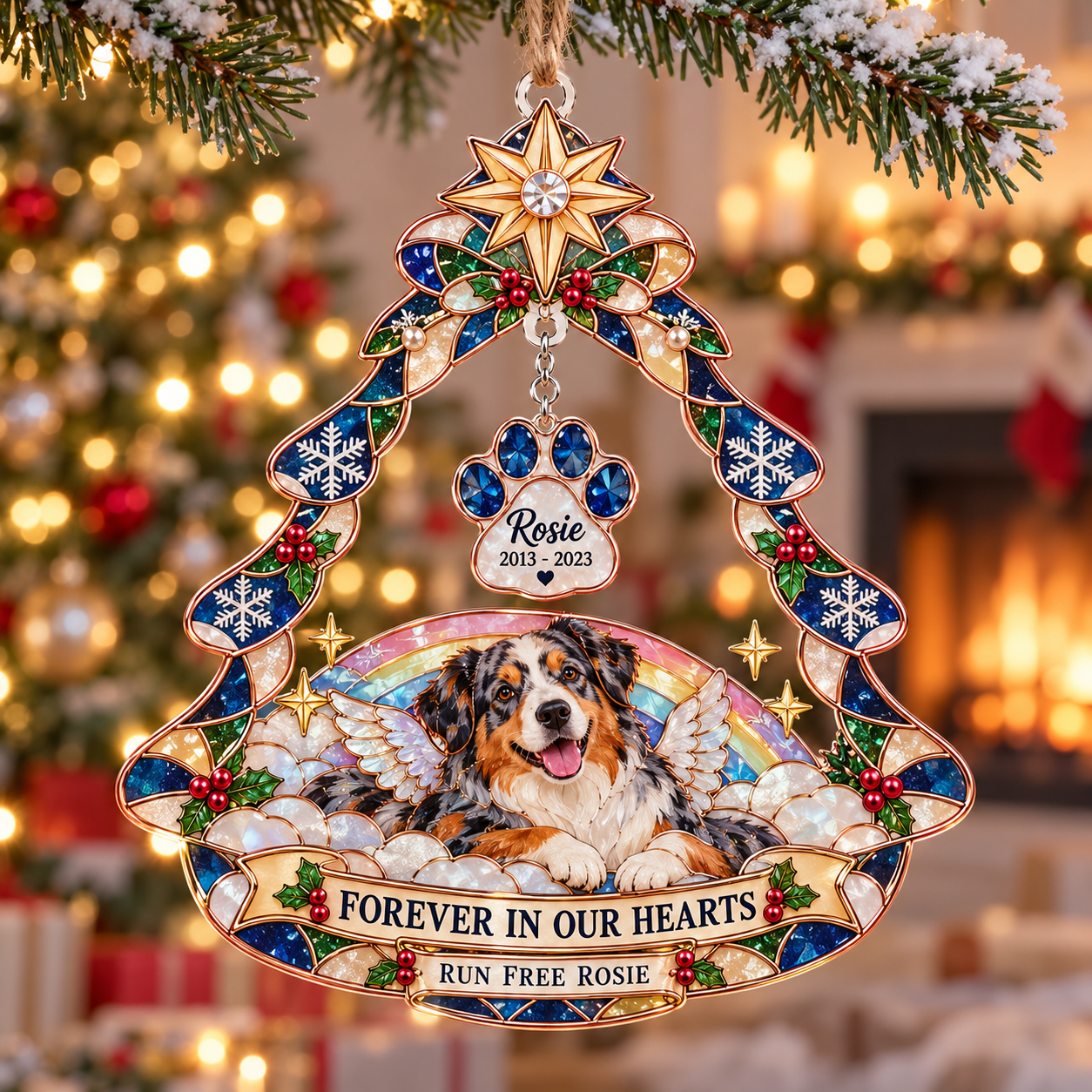 Stained-glass acrylic Christmas ornament with "RUN FREE ROSIE" and personalised name charms