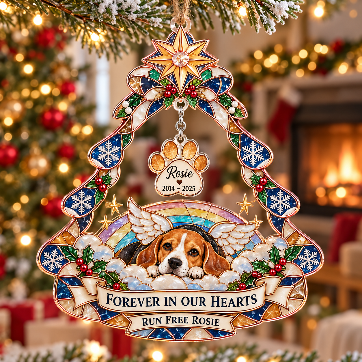 Stained-glass acrylic Christmas ornament with "RUN FREE ROSIE" and personalised name charms