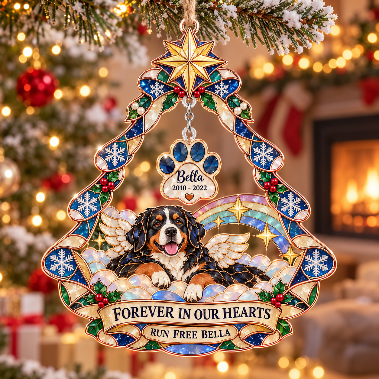Stained-glass acrylic Christmas ornament with "RUN FREE BELLA" and personalised name charms