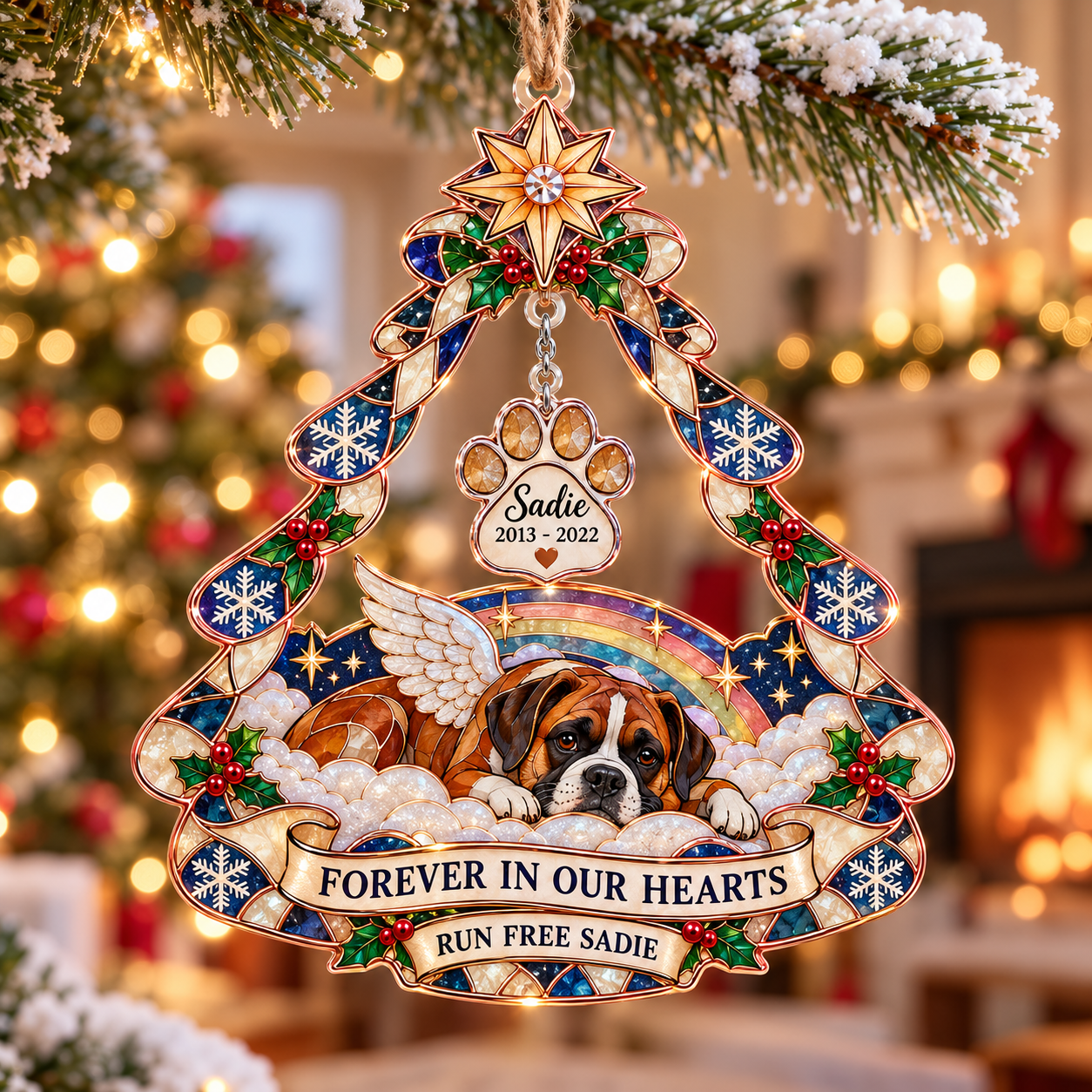 Stained-glass acrylic Christmas ornament with "RUN FREE SADIE" and personalised name charms