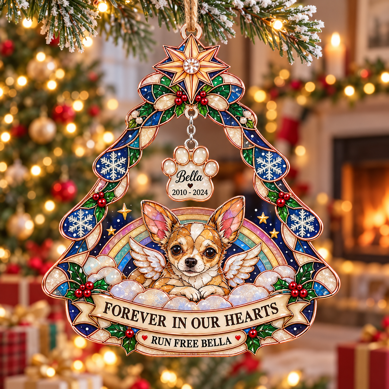 Stained-glass acrylic Christmas ornament with "RUN FREE BELLA" and personalised name charms