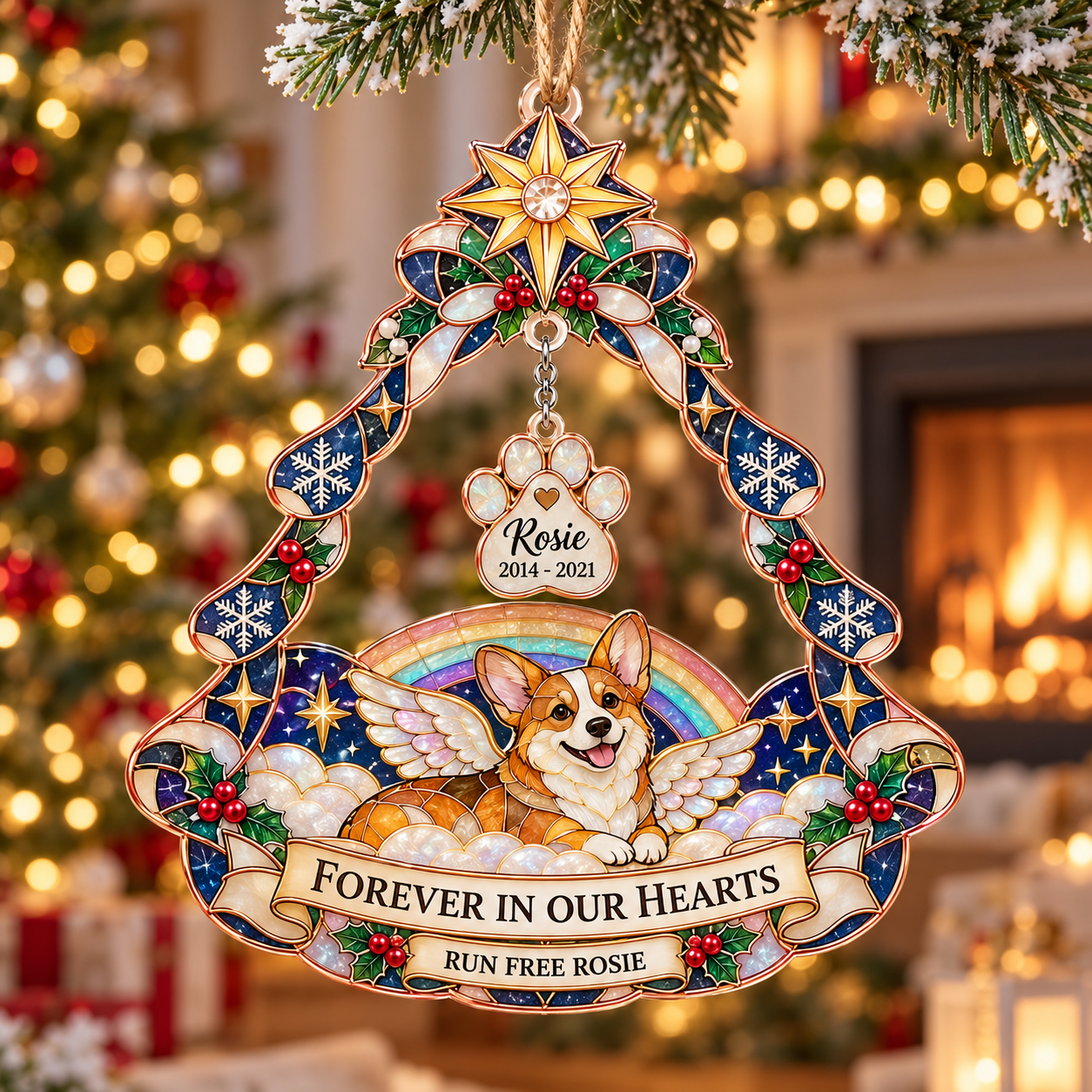 Stained-glass acrylic Christmas ornament with "RUN FREE ROSIE" and personalised name charms