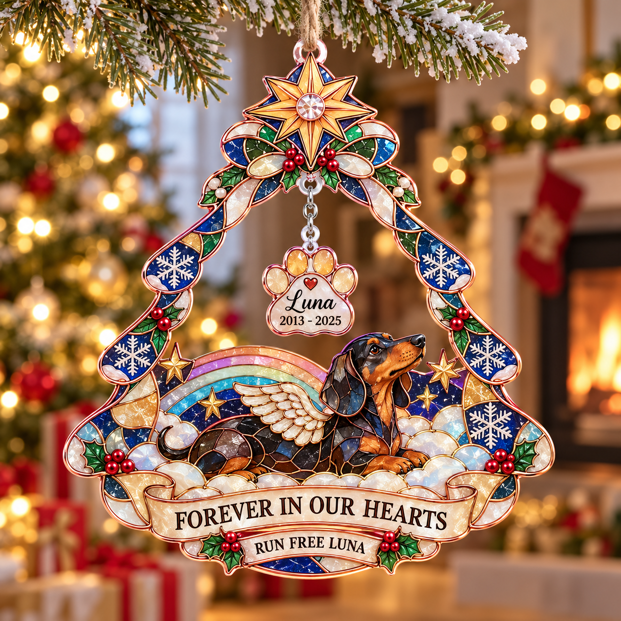 Stained-glass acrylic Christmas ornament with "RUN FREE LUNA" and personalised name charms