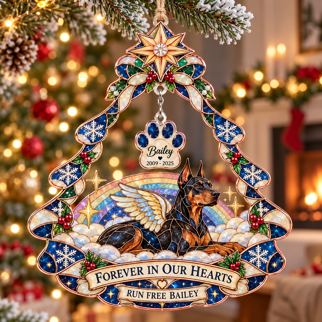 Stained-glass acrylic Christmas ornament with "RUN FREE BAILEY" and personalised name charms