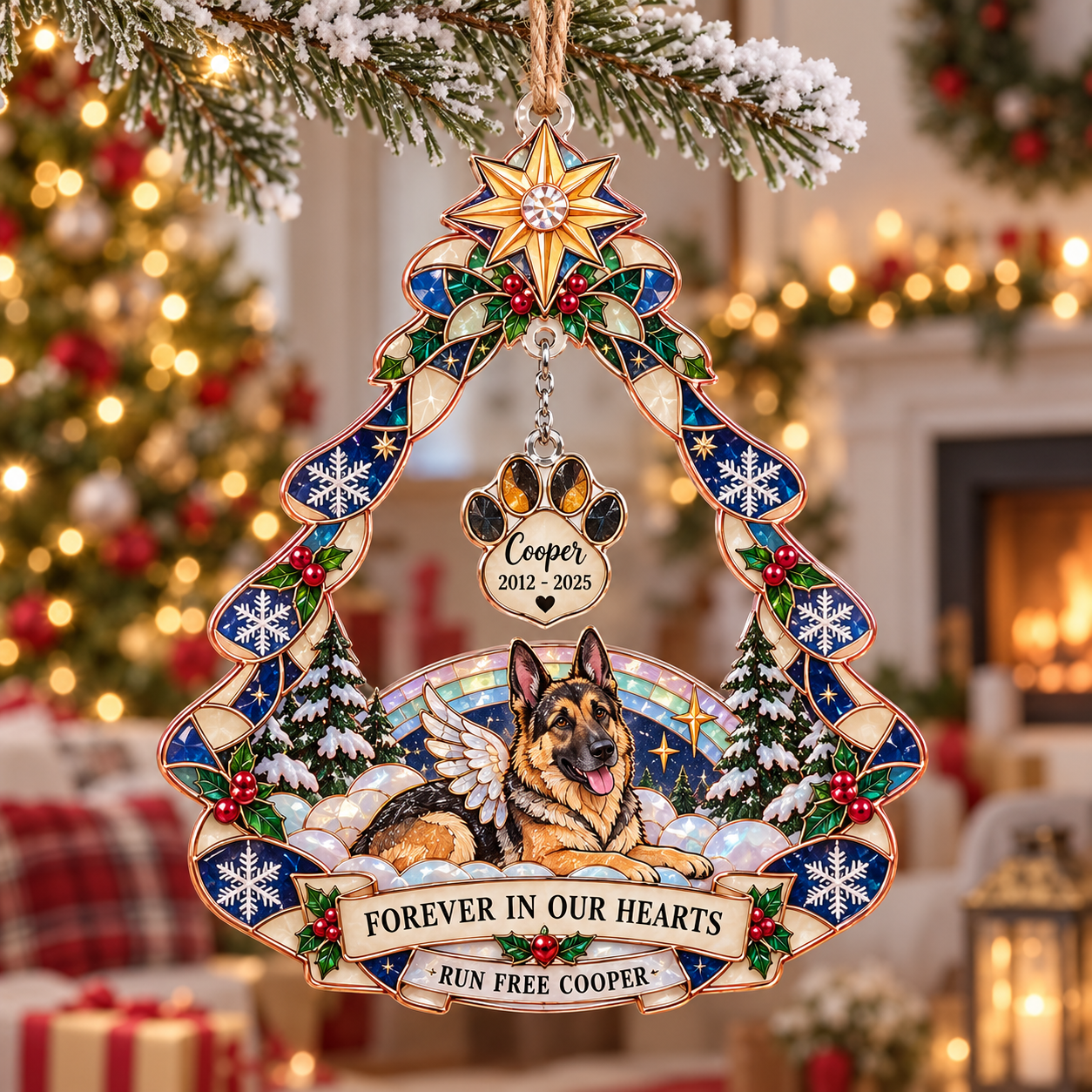 Stained-glass acrylic Christmas ornament with "RUN FREE COOPER" and personalised name charms