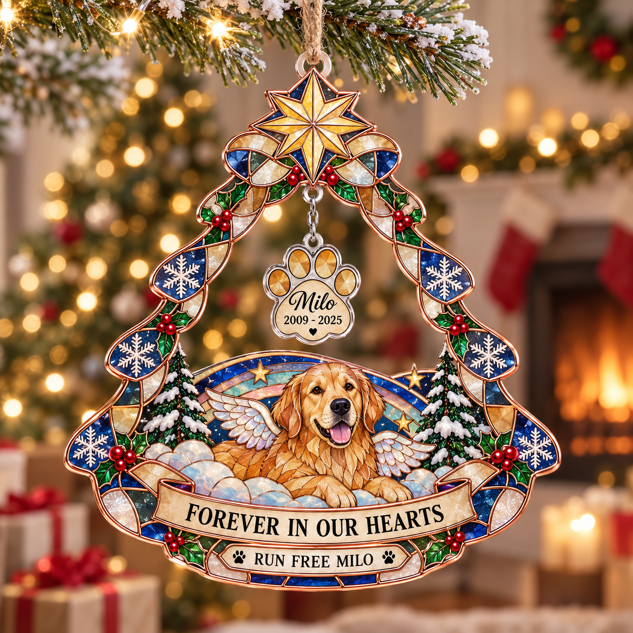 Stained-glass acrylic Christmas ornament with "RUN FREE MILO" and personalised name charms