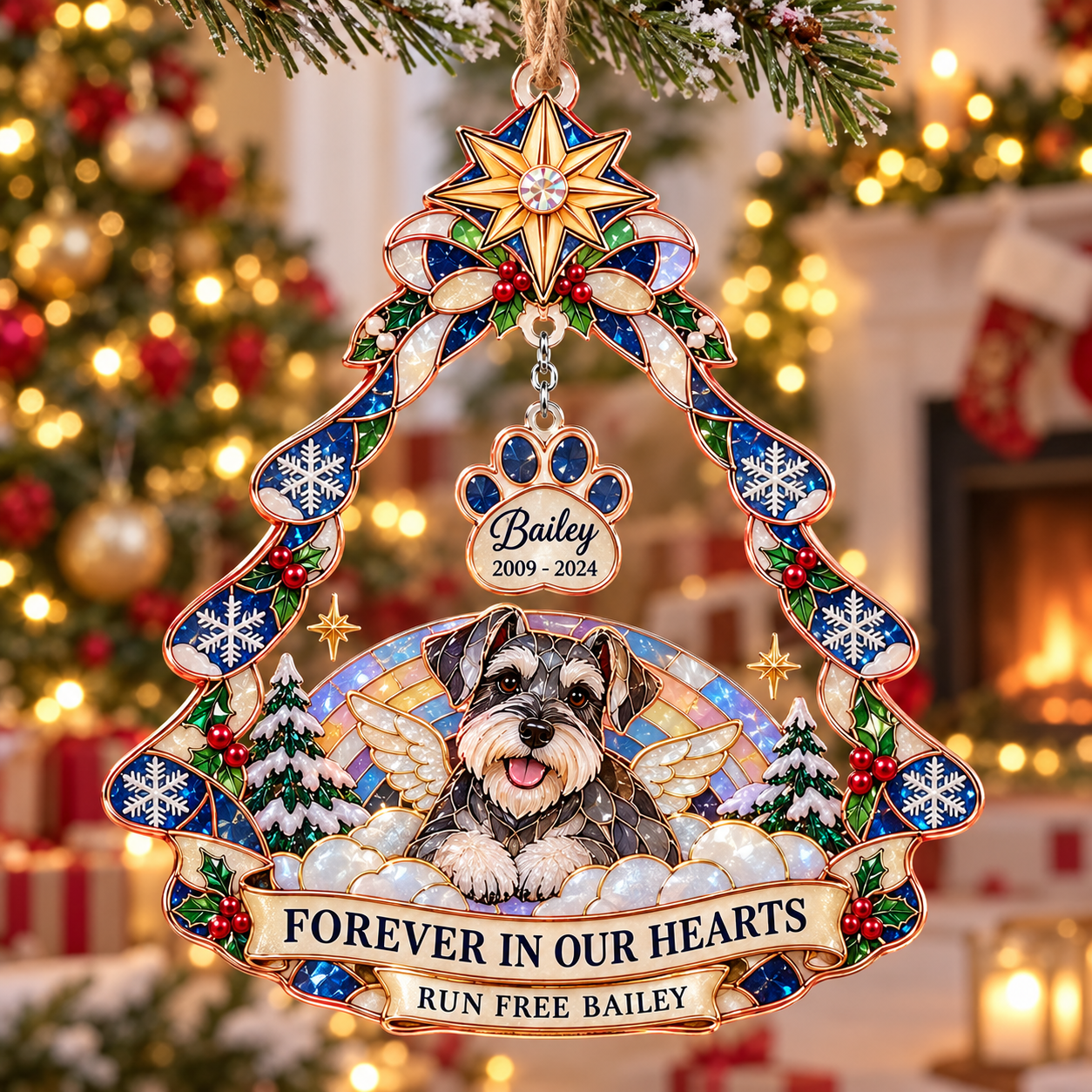 Stained-glass acrylic Christmas ornament with "RUN FREE BAILEY" and personalised name charms