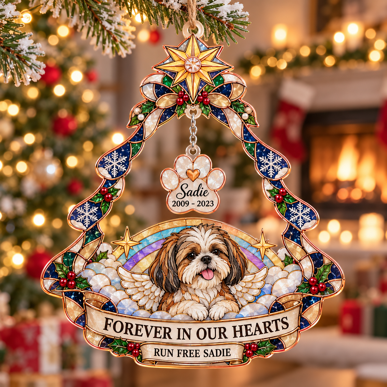 Stained-glass acrylic Christmas ornament with "RUN FREE SADIE" and personalised name charms