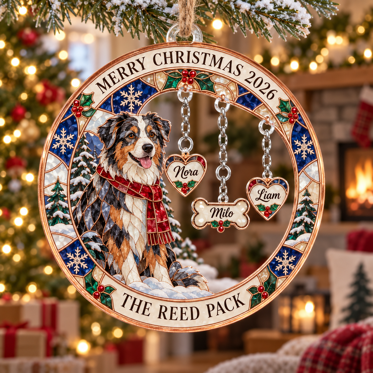 Stained-glass acrylic Christmas ornament with "THE REED PACK" and personalised name charms