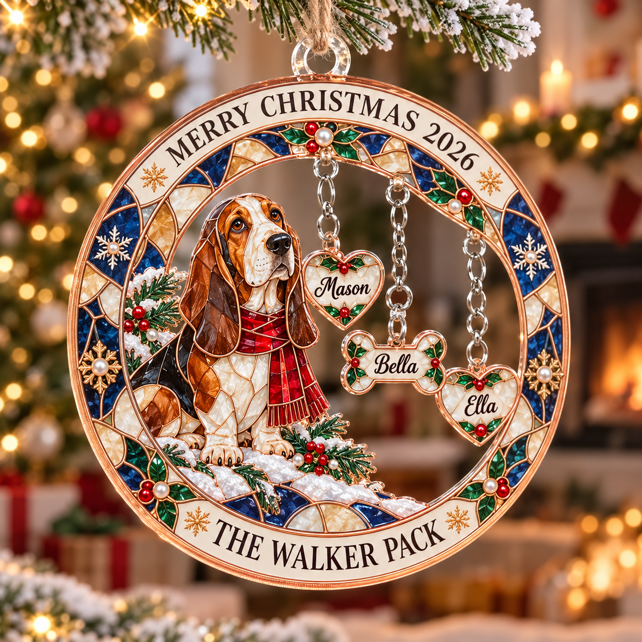 Stained-glass acrylic Christmas ornament with "THE WALKER PACK" and personalised name charms