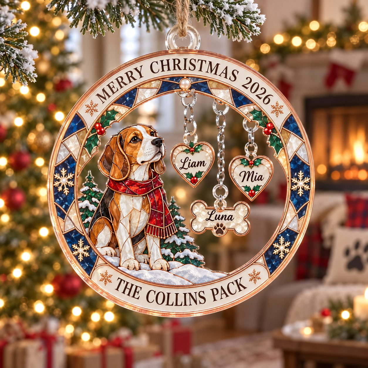 Stained-glass acrylic Christmas ornament with "THE COLLINS PACK" and personalised name charms