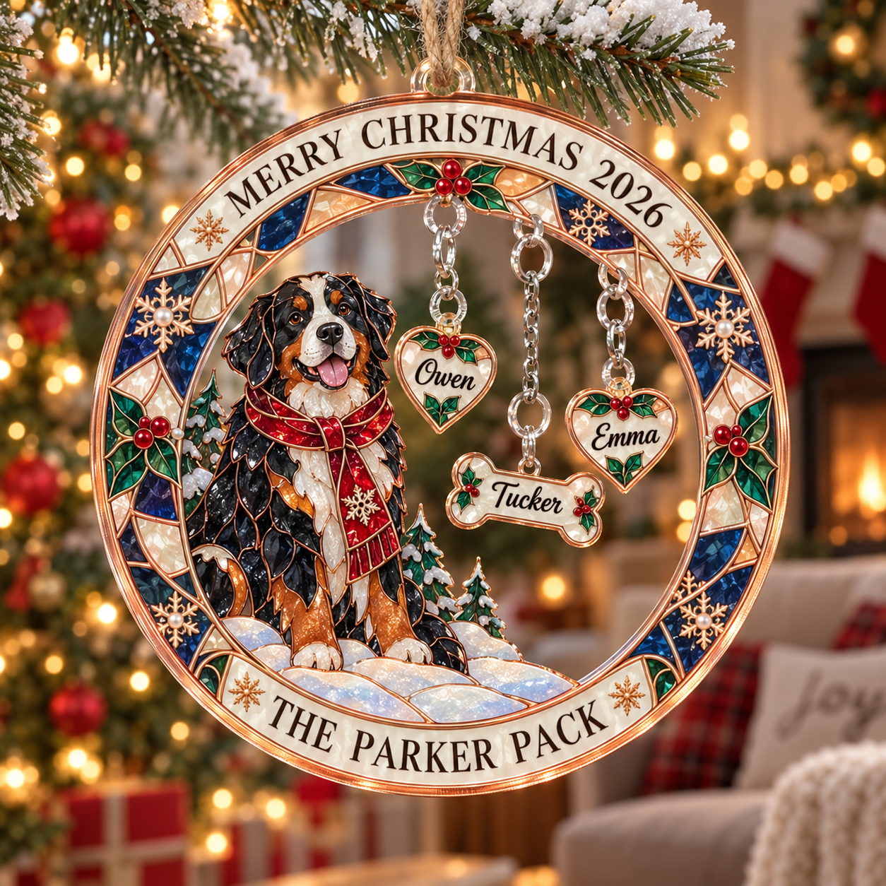 Stained-glass acrylic Christmas ornament with "THE PARKER PACK" and personalised name charms