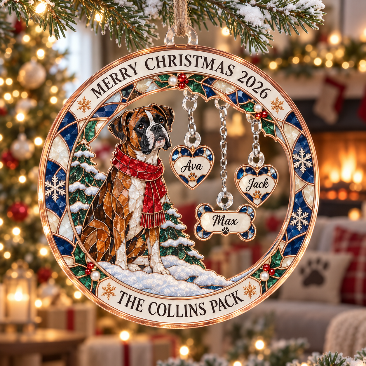 Stained-glass acrylic Christmas ornament with "THE COLLINS PACK" and personalised name charms