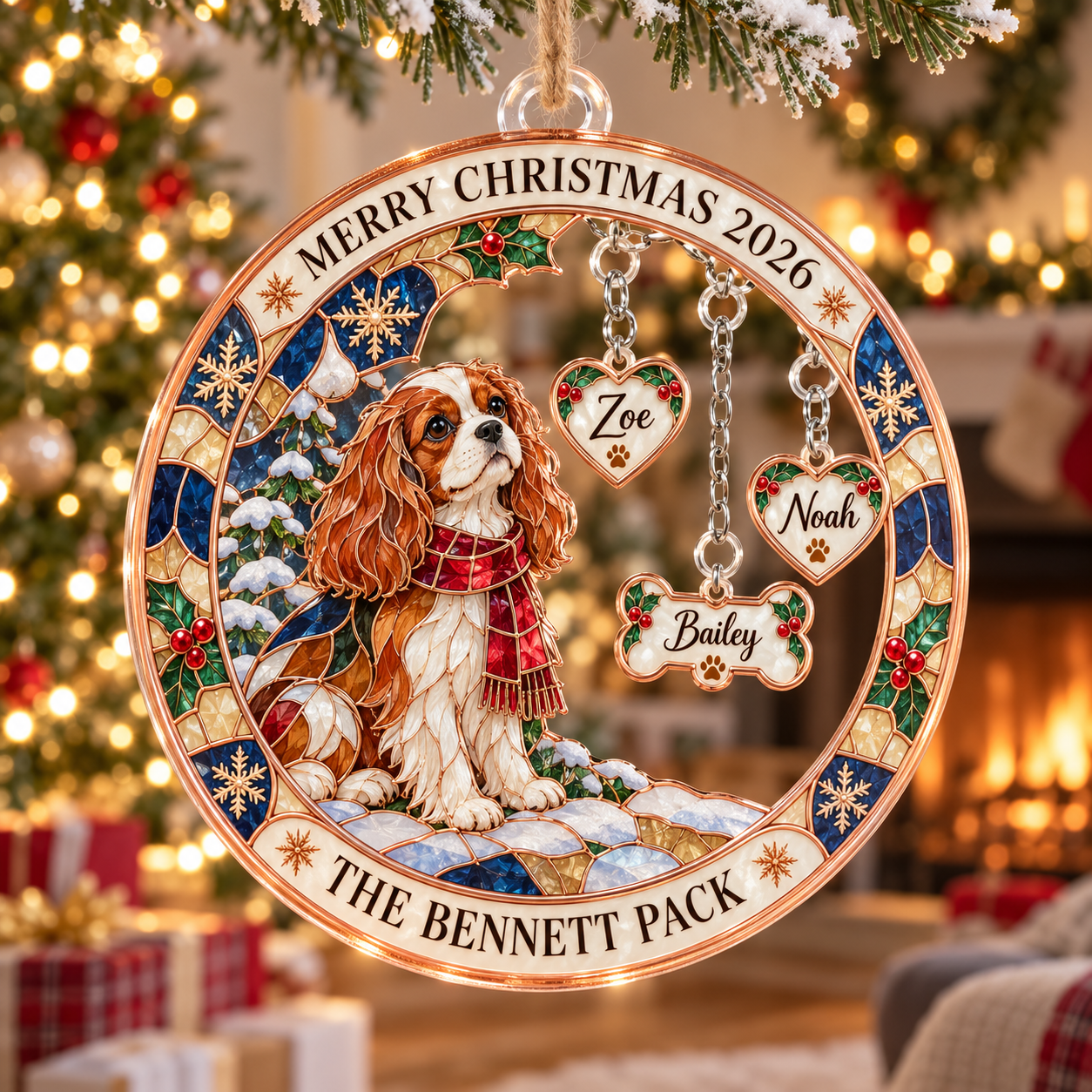 Stained-glass acrylic Christmas ornament with "THE BENNETT PACK" and personalised name charms