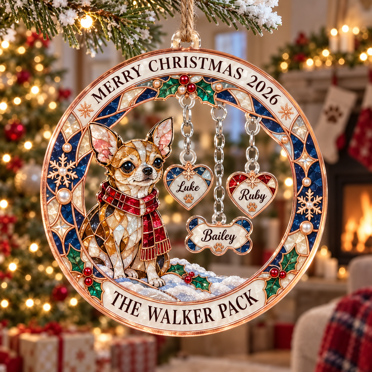 Stained-glass acrylic Christmas ornament with "THE WALKER PACK" and personalised name charms