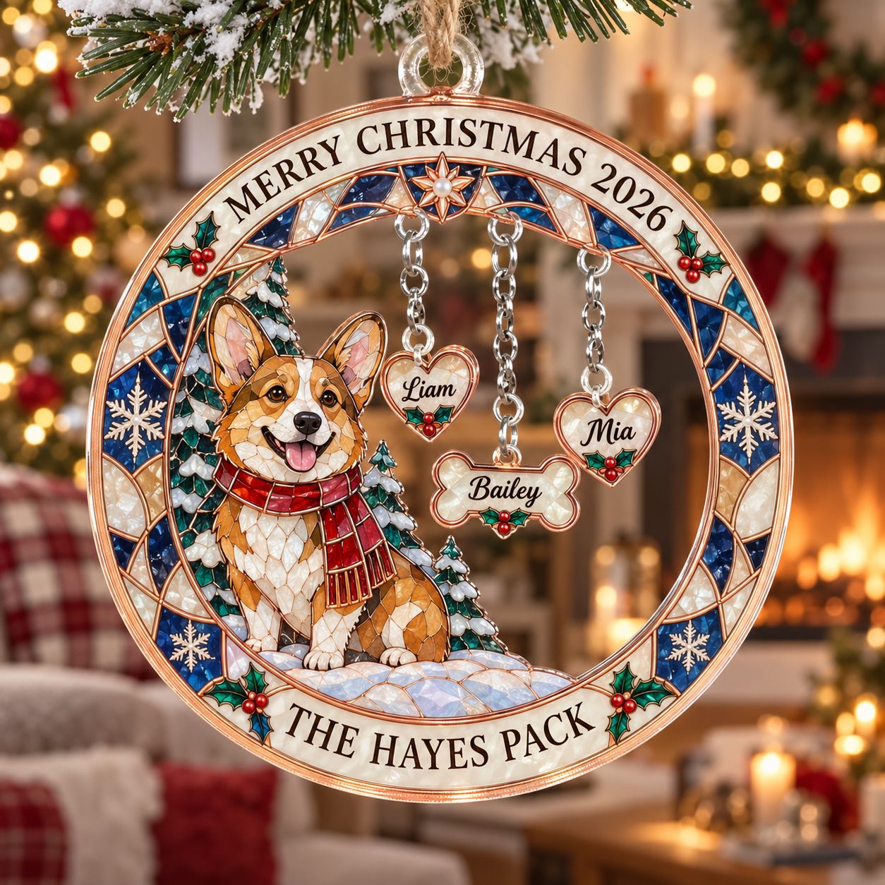 Stained-glass acrylic Christmas ornament with "THE HAYES PACK" and personalised name charms