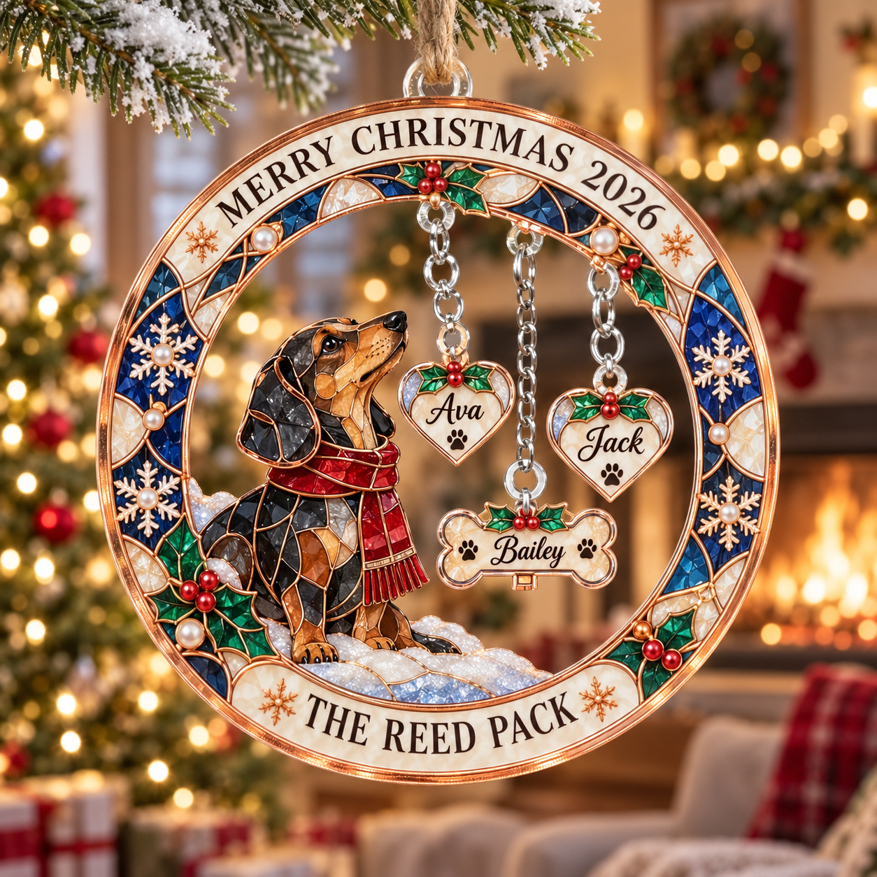 Stained-glass acrylic Christmas ornament with "THE REED PACK" and personalised name charms