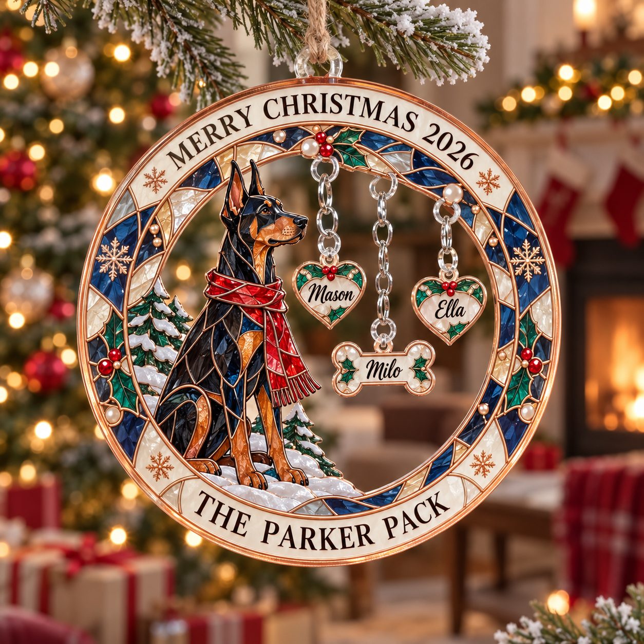 Stained-glass acrylic Christmas ornament with "THE PARKER PACK" and personalised name charms