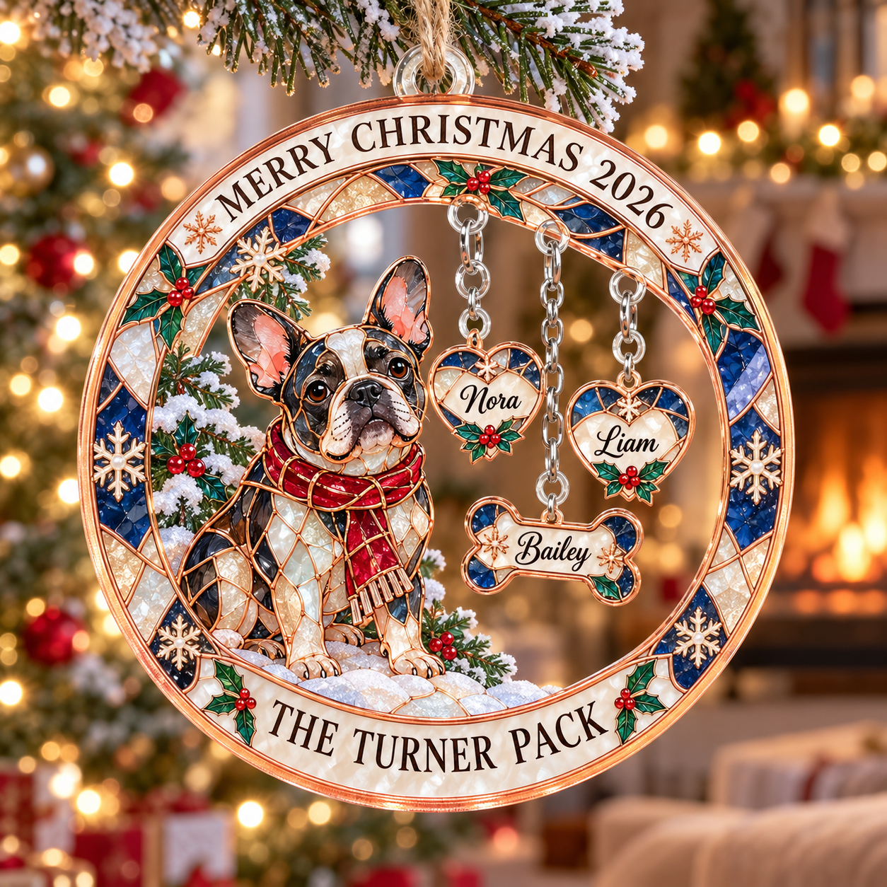Stained-glass acrylic Christmas ornament with "THE TURNER PACK" and personalised name charms