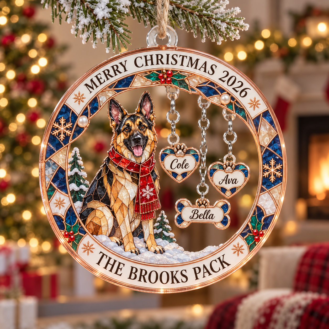 Stained-glass acrylic Christmas ornament with "THE BROOKS PACK" and personalised name charms