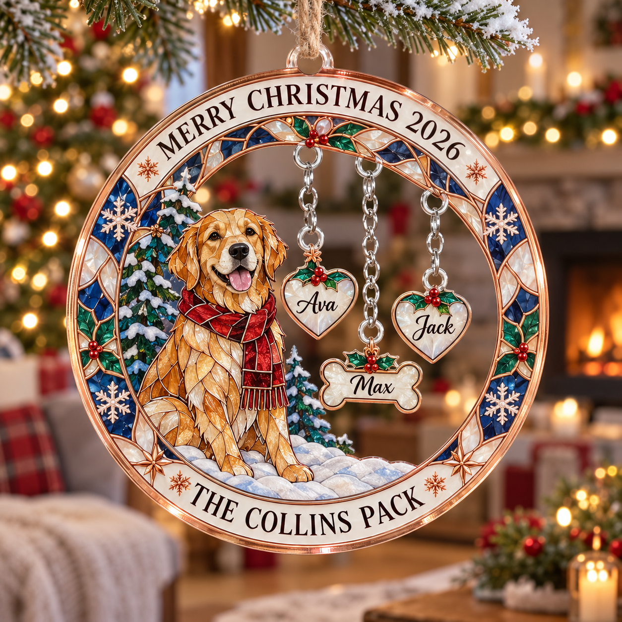 Stained-glass acrylic Christmas ornament with "THE COLLINS PACK" and personalised name charms