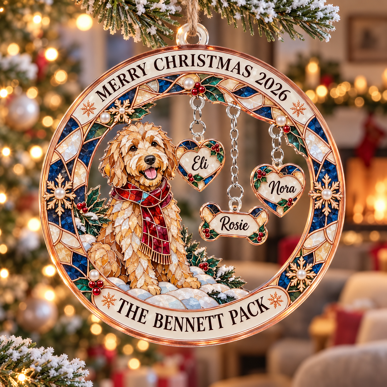Stained-glass acrylic Christmas ornament with "THE BENNETT PACK" and personalised name charms