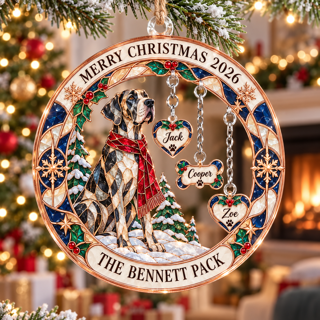 Stained-glass acrylic Christmas ornament with "THE BENNETT PACK" and personalised name charms