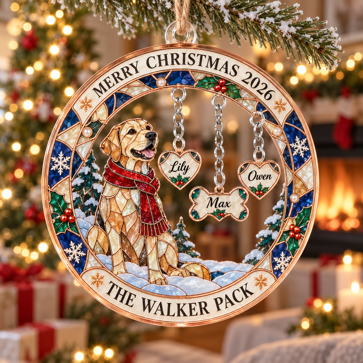 Stained-glass acrylic Christmas ornament with "THE WALKER PACK" and personalised name charms