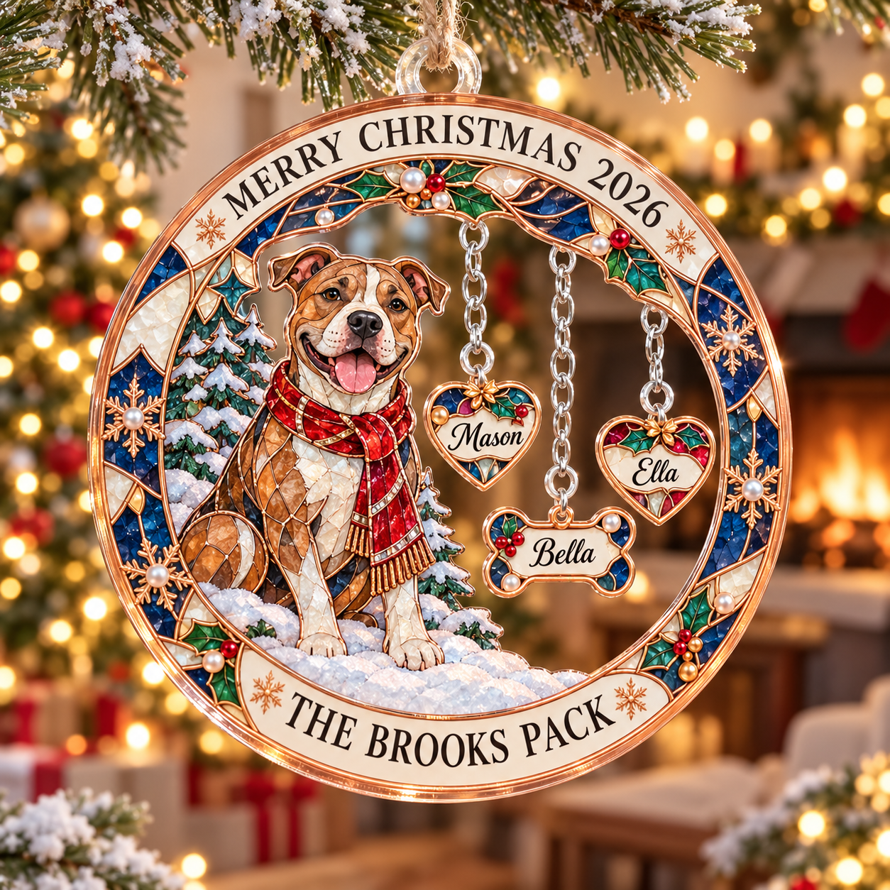 Stained-glass acrylic Christmas ornament with "THE BROOKS PACK" and personalised name charms