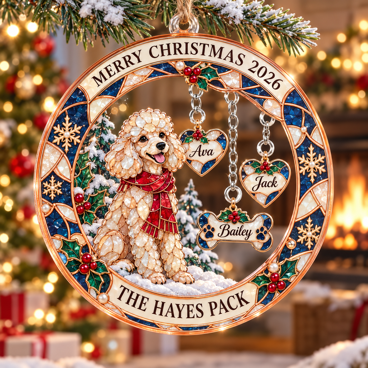 Stained-glass acrylic Christmas ornament with "THE HAYES PACK" and personalised name charms