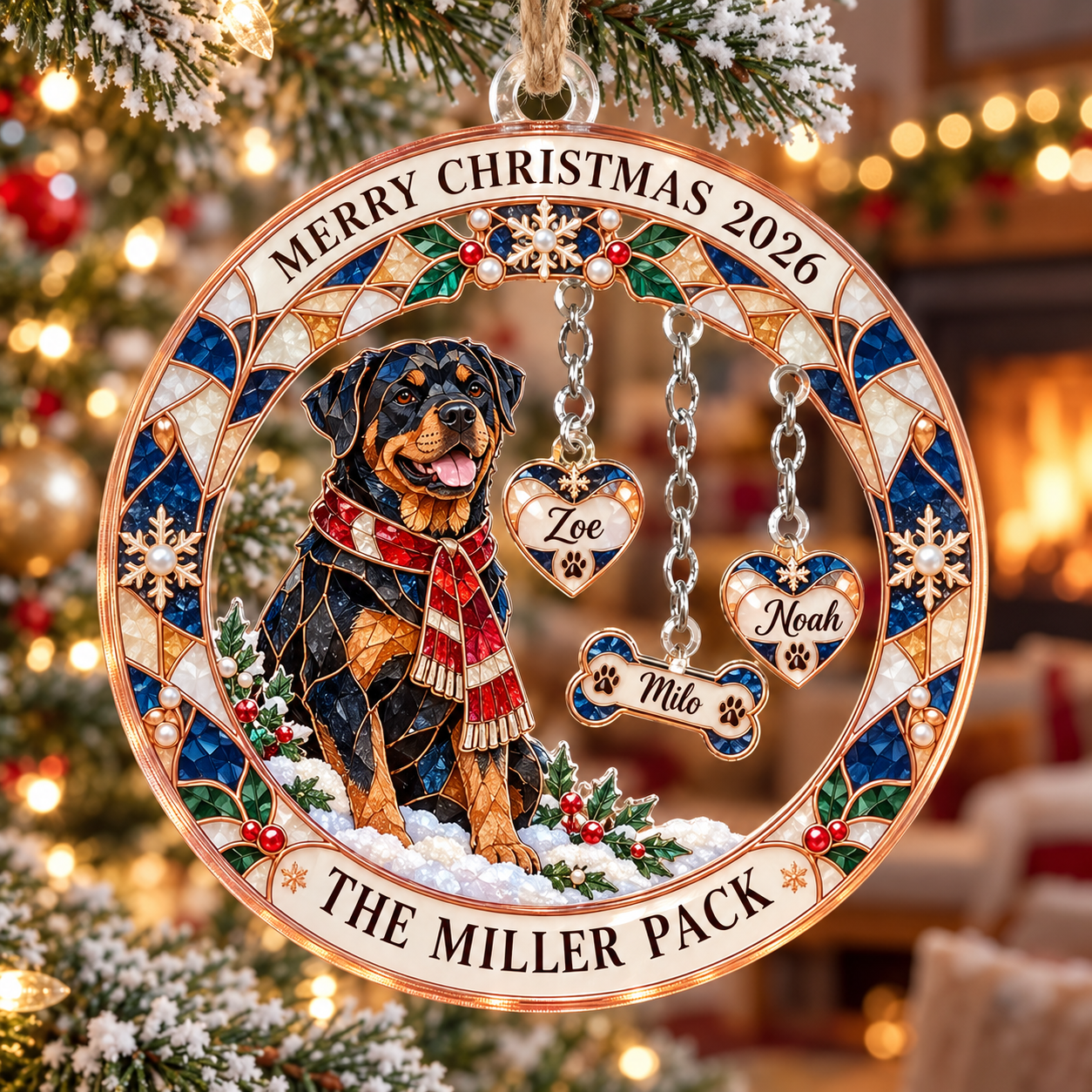 Stained-glass acrylic Christmas ornament with "THE MILLER PACK" and personalised name charms
