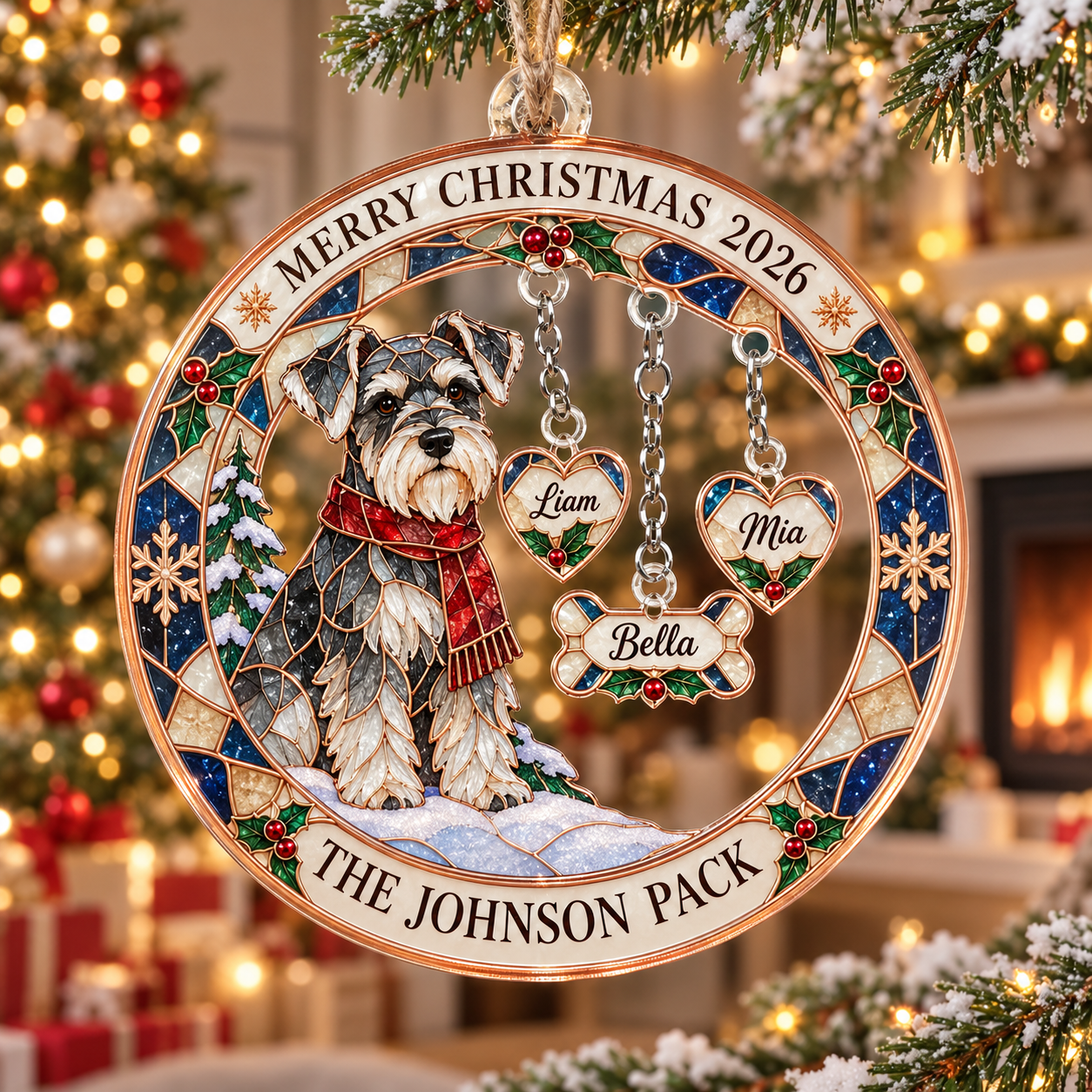 Stained-glass acrylic Christmas ornament with "THE JOHNSON PACK" and personalised name charms