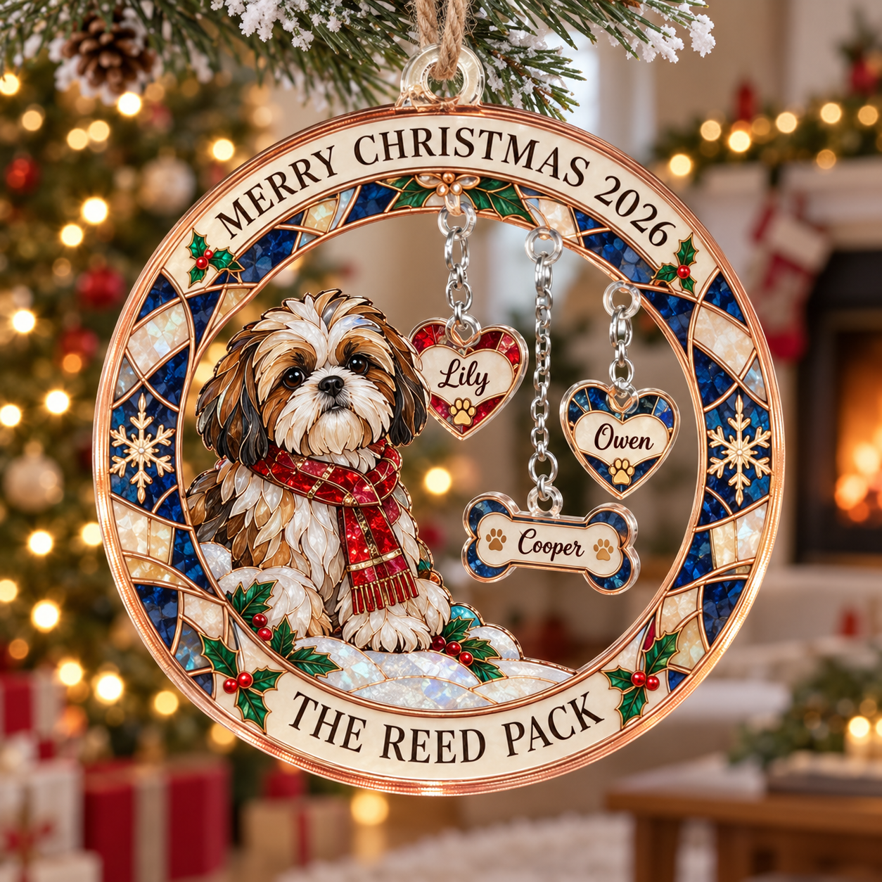 Stained-glass acrylic Christmas ornament with "THE REED PACK" and personalised name charms