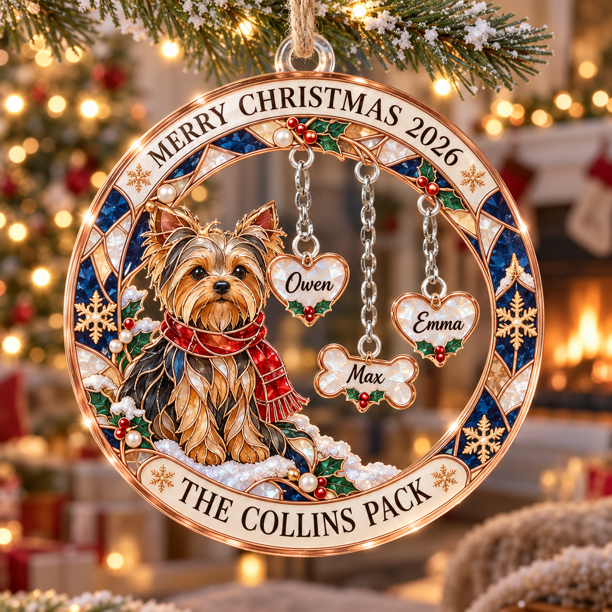 Stained-glass acrylic Christmas ornament with "THE COLLINS PACK" and personalised name charms