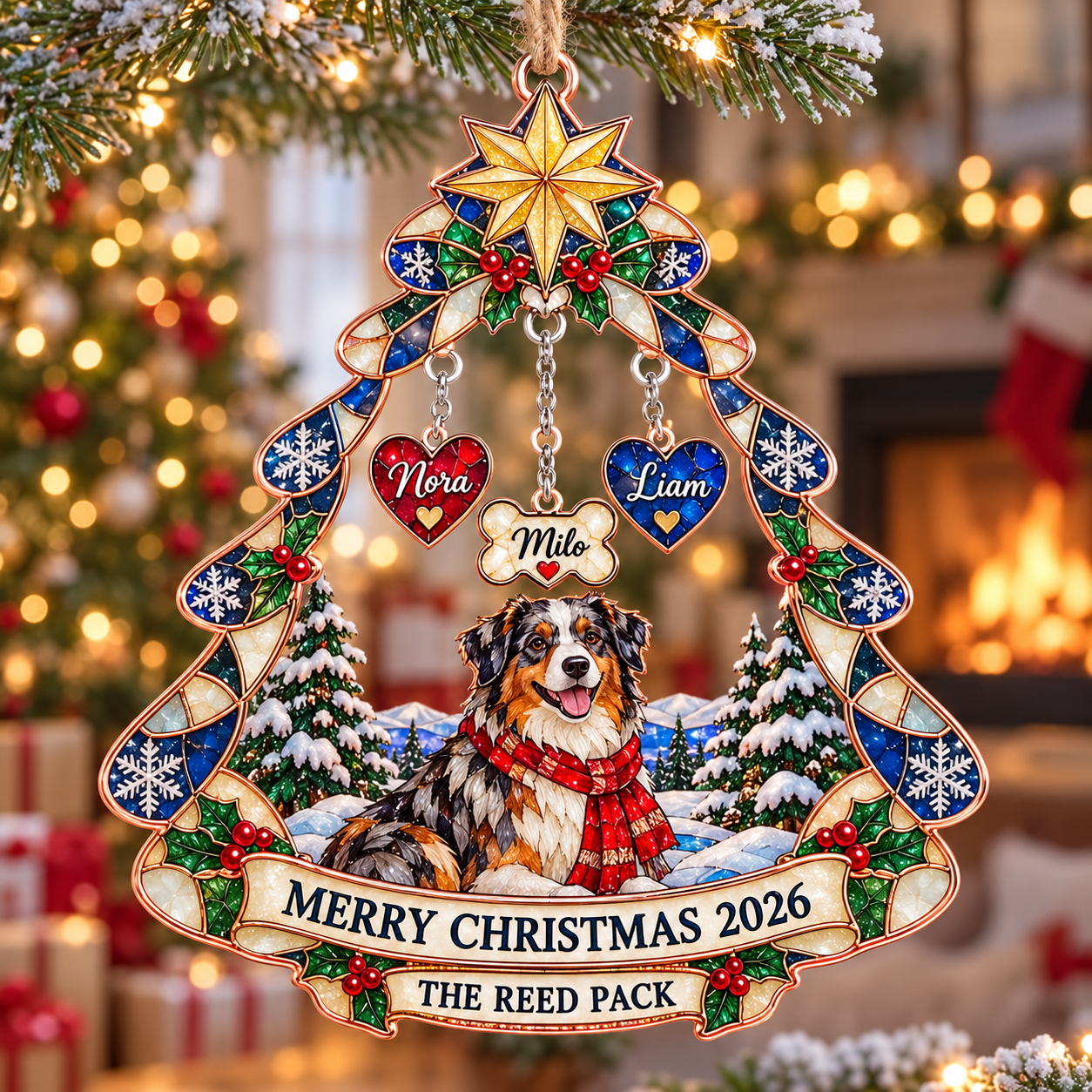 Stained-glass acrylic Christmas ornament with "THE REED PACK" and personalised name charms