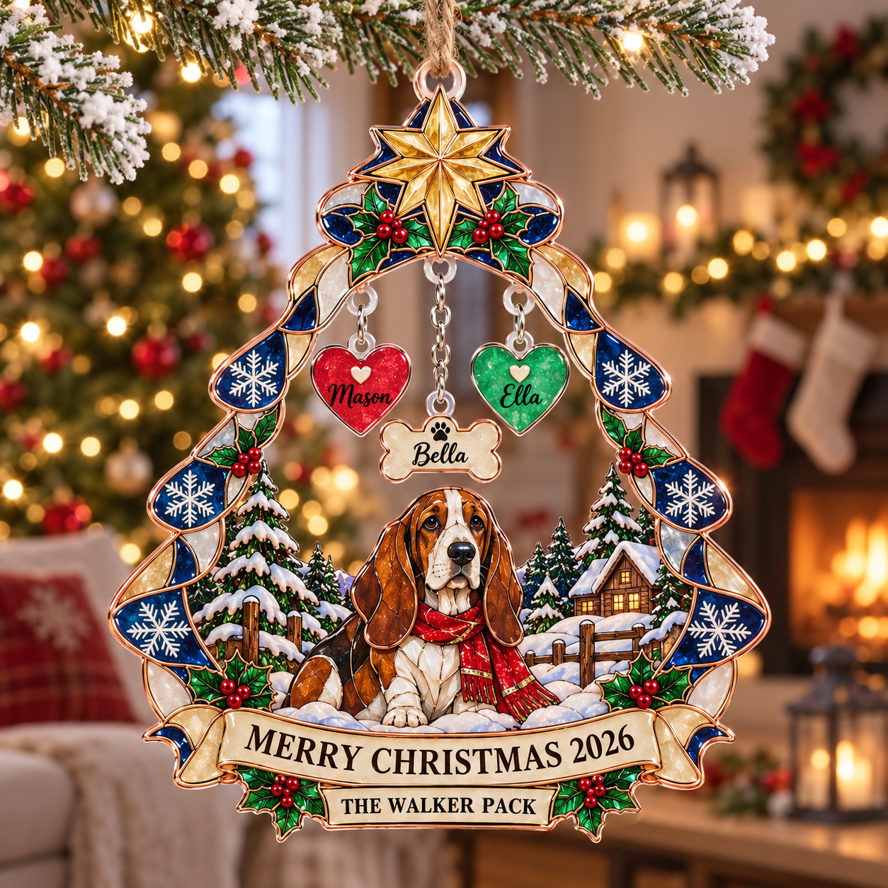 Stained-glass acrylic Christmas ornament with "THE WALKER PACK" and personalised name charms
