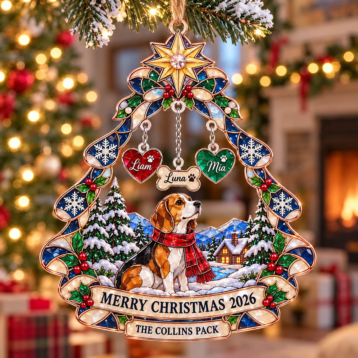Stained-glass acrylic Christmas ornament with "THE COLLINS PACK" and personalised name charms