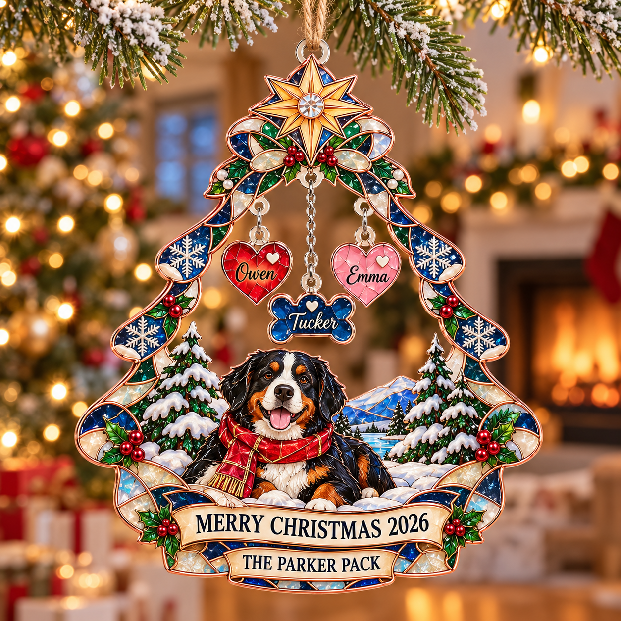 Stained-glass acrylic Christmas ornament with "THE PARKER PACK" and personalised name charms
