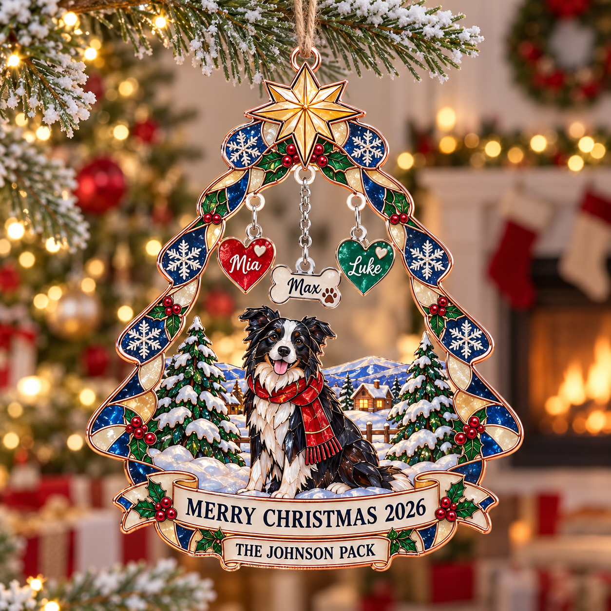 Stained-glass acrylic Christmas ornament with "THE JOHNSON PACK" and personalised name charms