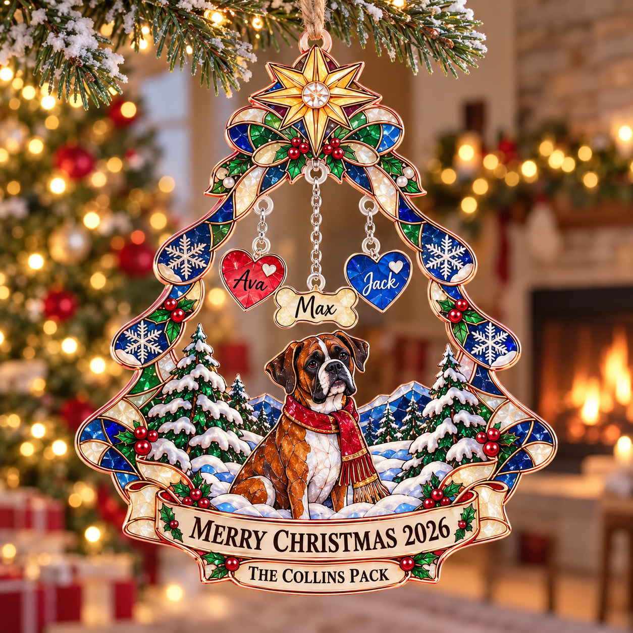 Stained-glass acrylic Christmas ornament with "THE COLLINS PACK" and personalised name charms