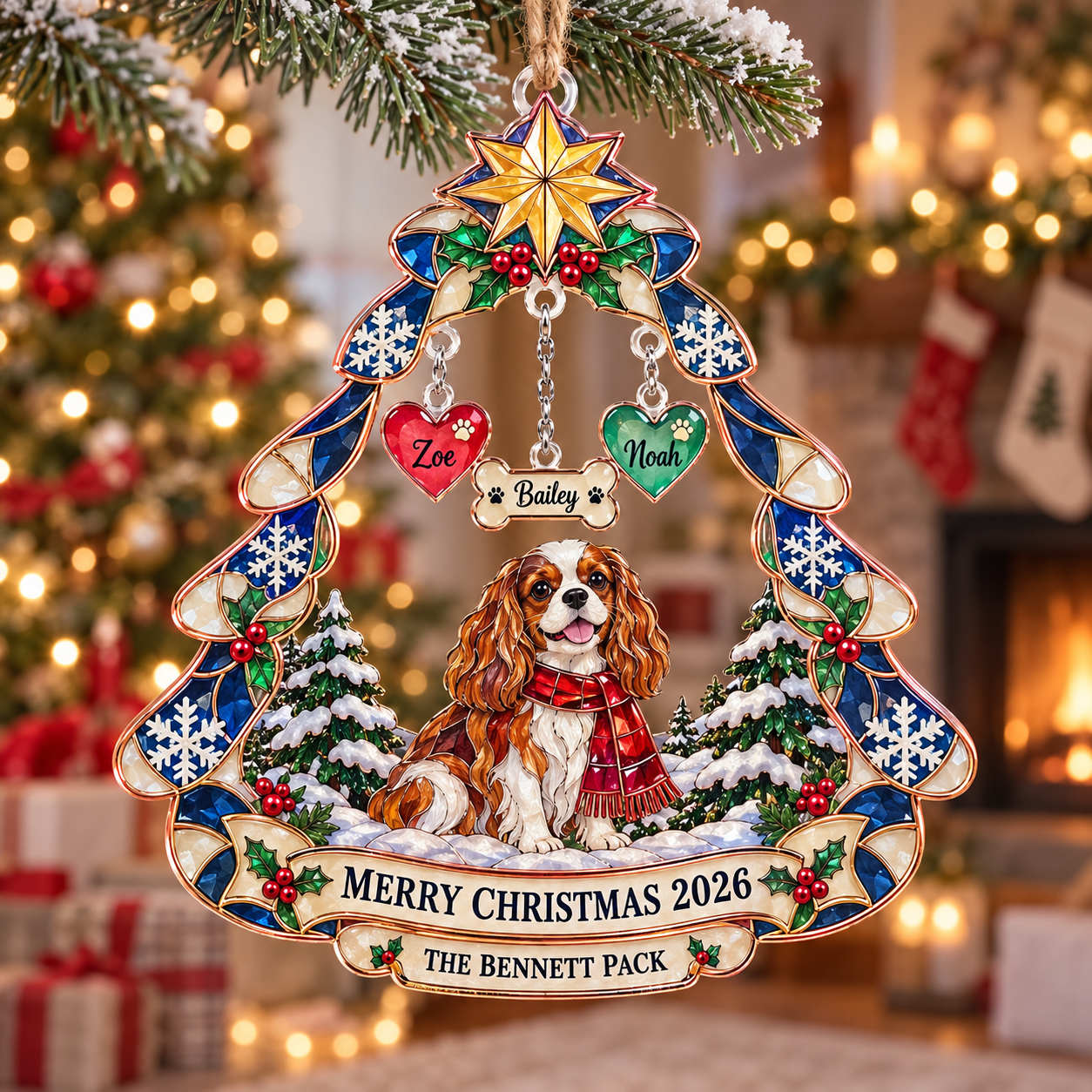 Stained-glass acrylic Christmas ornament with "THE BENNETT PACK" and personalised name charms