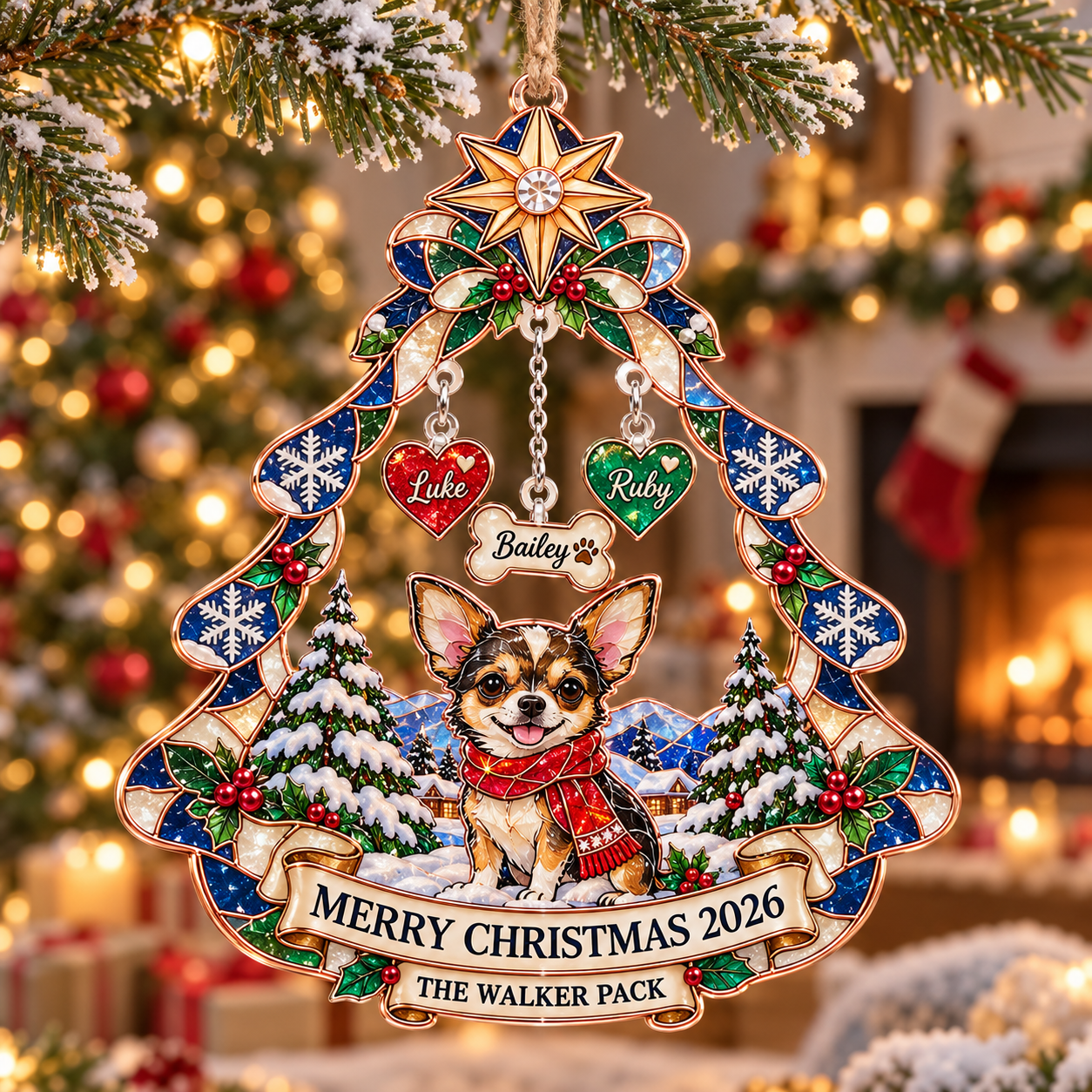 Stained-glass acrylic Christmas ornament with "THE WALKER PACK" and personalised name charms