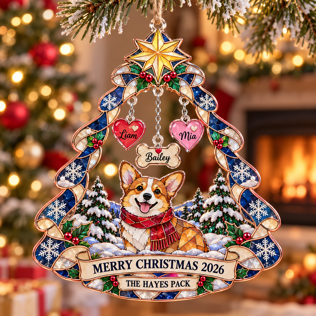 Stained-glass acrylic Christmas ornament with "THE HAYES PACK" and personalised name charms