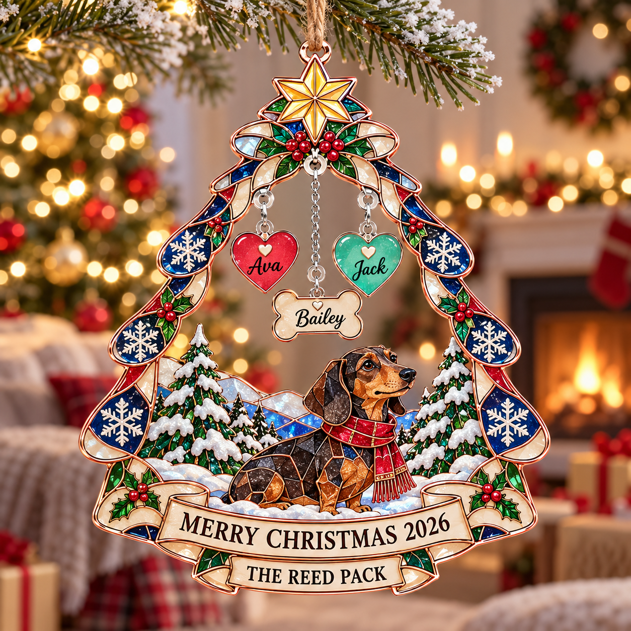Stained-glass acrylic Christmas ornament with "THE REED PACK" and personalised name charms